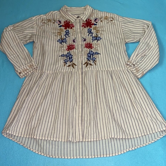JOHNNY WAS embroidered floral striped long sleeve button up blouse tunic size M - Picture 1 of 14